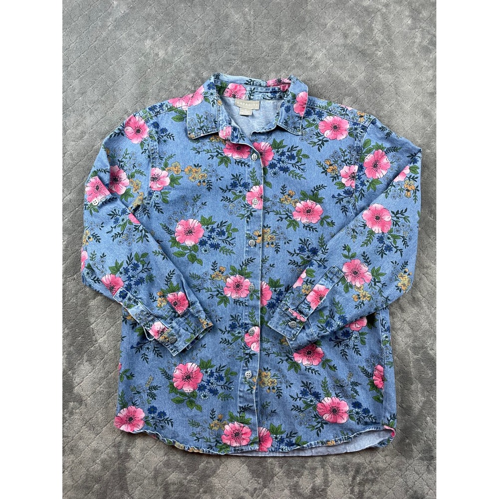 Vintage 90s CAPACITY Women M Denim Floral Shirt‎ Blue Pink Button Up Long Sleeve